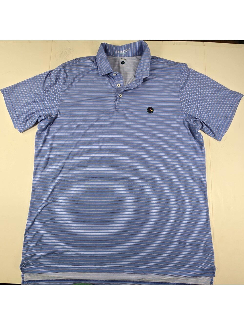 B. Draddy Sport Polo Shirt Men's XL Blue Striped Stretch Golf Logo